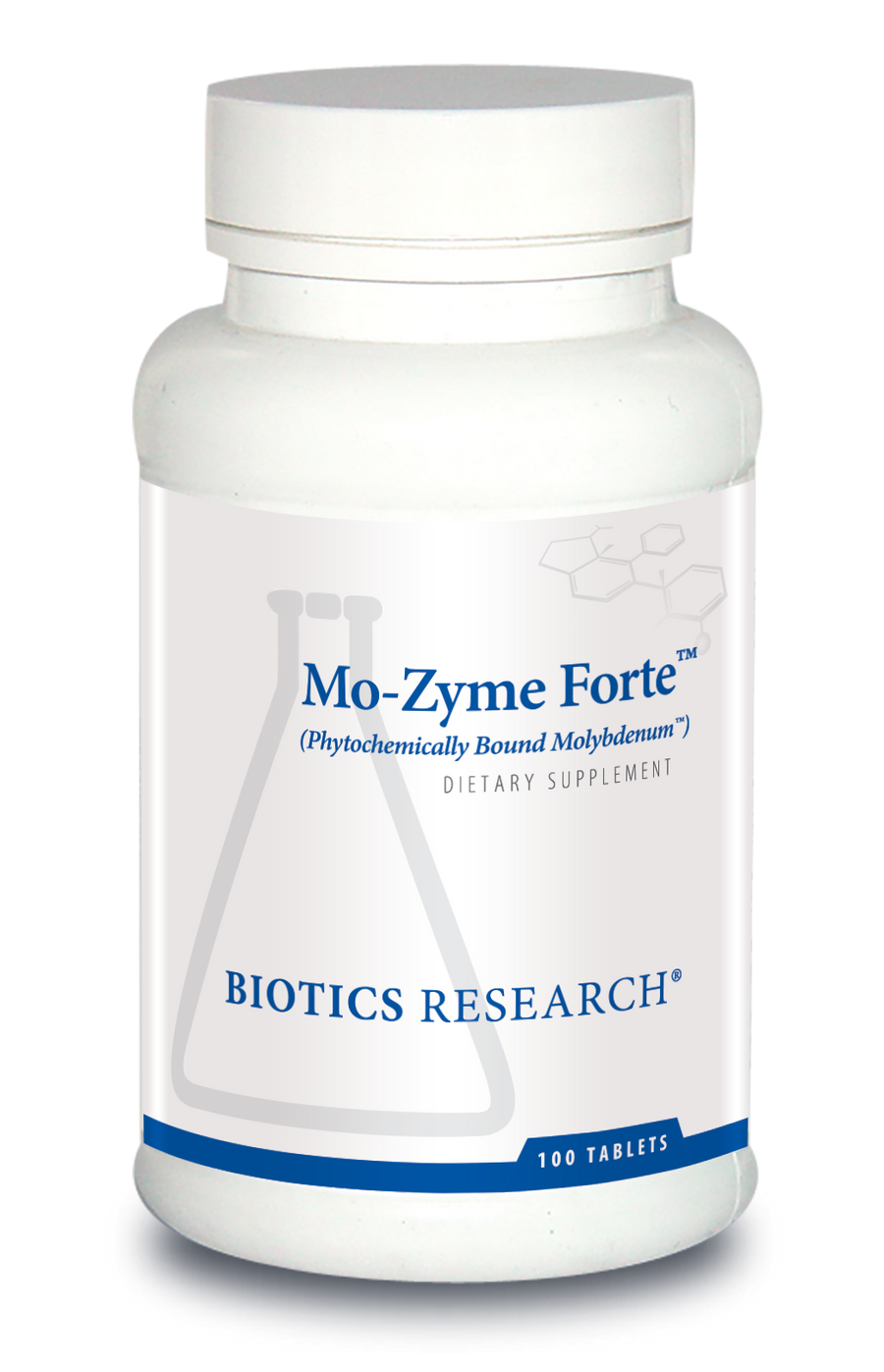 Biotics Research Mo-Zyme Forte (Phytochemically Bound Molybdenum) dietary supplement bottle featuring white packaging with blue accents, a beaker graphic, and 100 tablets count.