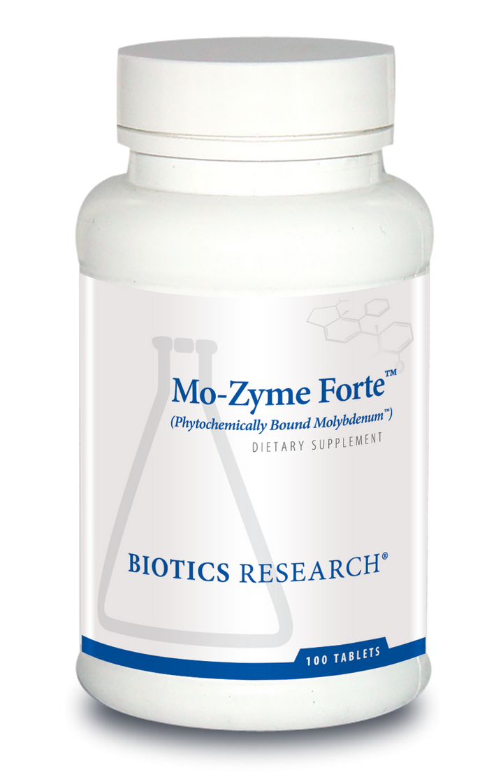 Biotics Research Mo-Zyme Forte (Phytochemically Bound Molybdenum) dietary supplement bottle featuring white packaging with blue accents, a beaker graphic, and 100 tablets count.