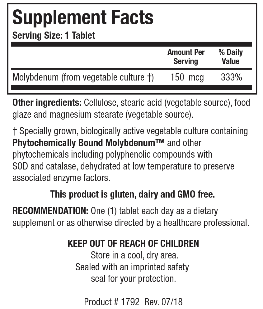Supplement Facts label for Mo-Zyme Forte showing a serving size of 1 tablet, detailing 150 mcg Molybdenum from vegetable culture (333% Daily Value) per serving.