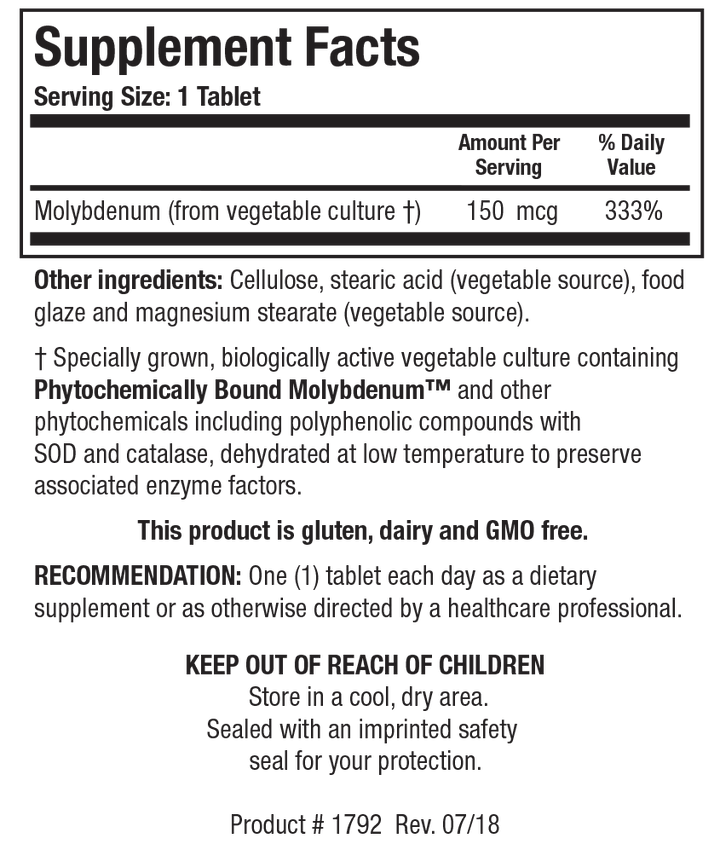 Supplement Facts label for Mo-Zyme Forte showing a serving size of 1 tablet, detailing 150 mcg Molybdenum from vegetable culture (333% Daily Value) per serving.