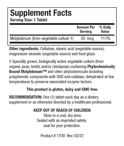 Supplement Facts label for Mo-Zyme showing a serving size of 1 tablet containing 50 mcg (111% Daily Value) of Molybdenum derived from a biologically active vegetable culture.