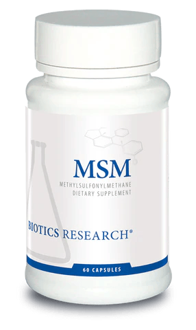 Biotics Research MSM (Methylsulfonylmethane) dietary supplement bottle featuring white packaging with blue accents, a laboratory beaker graphic, and a 60 capsules count