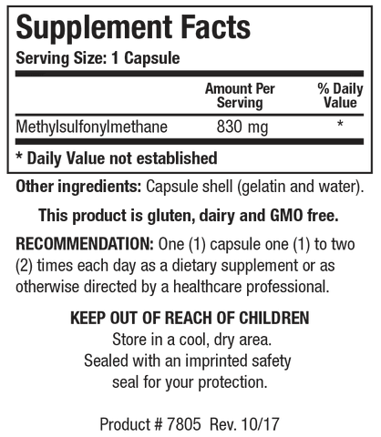Supplement Facts label for MSM showing a serving size of 1 capsule containing 830 mg of Methylsulfonylmethane, with gelatin and water capsule shell as other ingredients.
