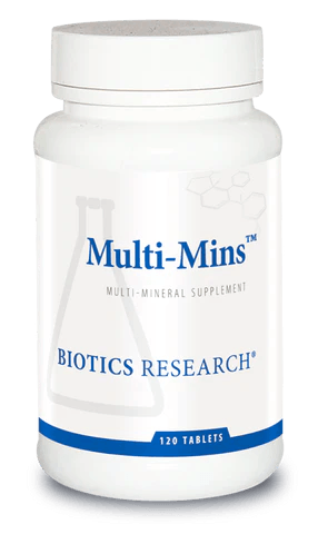 Biotics Research Multi-Mins multi-mineral supplement bottle featuring white packaging with blue accents, a laboratory beaker graphic, and a 120 tablets count.