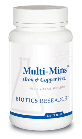 Biotics Research Multi-Mins (Iron &amp; Copper Free) multi-mineral supplement bottle featuring white packaging with blue accents, a laboratory beaker graphic, and a 120 tablets count.