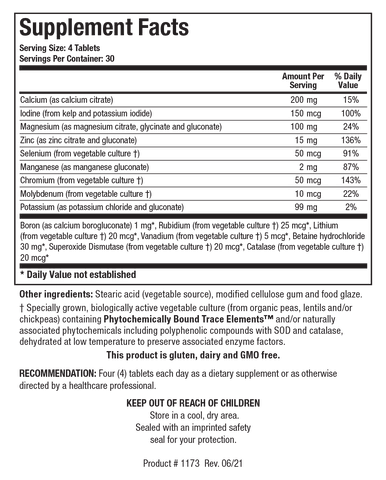 Supplement Facts label for Multi-Mins (Iron & Copper Free) showing 30 servings per container with a serving size of 4 tablets, detailing calcium, iodine, magnesium, zinc, selenium, manganese, chromium, molybdenum, potassium, and trace minerals like boron, rubidium, lithium, and vanadium.