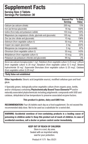 Supplement Facts label for Multi-Mins showing 30 servings per container with a serving size of 4 tablets, detailing calcium, iron, iodine, magnesium, zinc, selenium, copper, manganese, chromium, molybdenum, potassium, and trace minerals including boron, rubidium, lithium, and vanadium with an iron overdose warning.