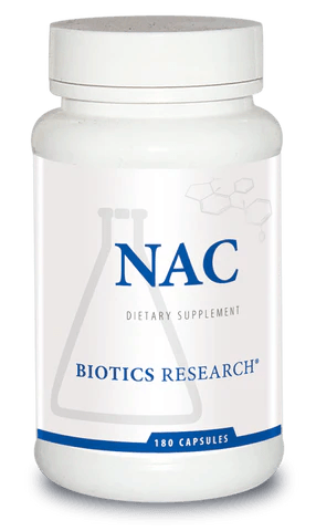 Biotics Research NAC dietary supplement bottle featuring white packaging with blue accents, a laboratory beaker graphic, and a 180 capsules count.