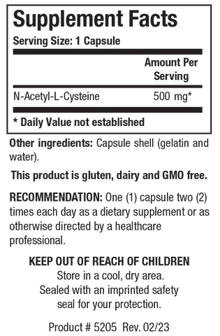 Supplement Facts label for NAC showing a serving size of 1 capsule containing 500 mg of N-Acetyl-L-Cysteine, with gelatin and water capsule shell as other ingredients.