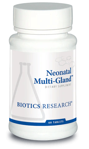 Biotics Research Neonatal Multi-Gland dietary supplement bottle featuring white packaging with blue accents, a laboratory beaker graphic, and a 60 tablets count.