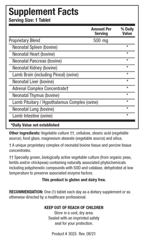 Supplement Facts label for Neonatal Multi-Gland showing a serving size of 1 tablet with a 500 mg proprietary blend of bovine and ovine tissue concentrates including spleen, heart, pancreas, kidney, brain, liver, adrenal, thymus, pituitary, lung, and intestine.