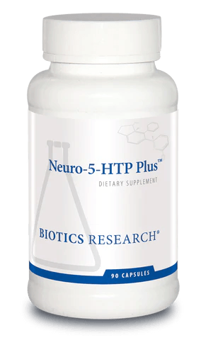 Biotics Research Neuro-5-HTP Plus dietary supplement bottle featuring white packaging with blue accents, a laboratory beaker graphic, and 90 capsules count