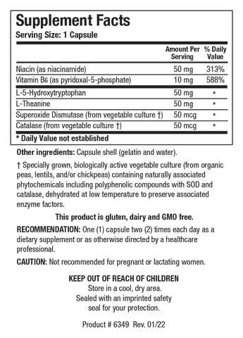 Supplement Facts label for Neuro-5-HTP Plus showing a serving size of 1 capsule, detailing Niacin (50 mg), Vitamin B6 (10 mg), L-5-Hydroxytryptophan (50 mg), L-Theanine (50 mg), Superoxide Dismutase (50 mcg), and Catalase (50 mcg).