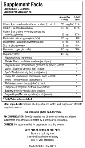 Supplement Facts label for Neutrophil Plus showing 45 servings per container with a serving size of 2 capsules, detailing vitamins A, C, and E, minerals (calcium, phosphorus, zinc, copper), and a 430 mg proprietary blend of RNA, Maitake Mushroom, and botanical extracts.