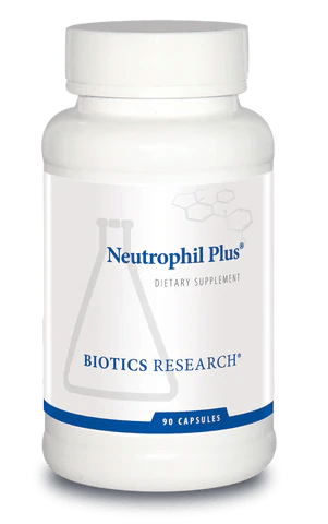 Supplement Facts label for Neutrophil Plus showing 45 servings per container with a serving size of 2 capsules, detailing vitamins A, C, and E, minerals (calcium, phosphorus, zinc, copper), and a 430 mg proprietary blend of RNA and botanicals.