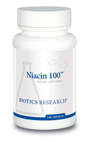 Biotics Research Niacin 100 dietary supplement bottle featuring white packaging with blue accents, a beaker graphic, and a 150 capsules count.