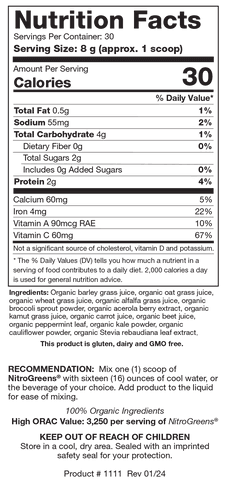 Nutrition Facts label for NitroGreens showing 30 servings per container with a serving size of 8 g (approx. 1 scoop), detailing 30 calories, 4 g total carbohydrates, 2 g protein, calcium, iron, vitamins A and C, and organic cereal grass and vegetable juice ingredients.