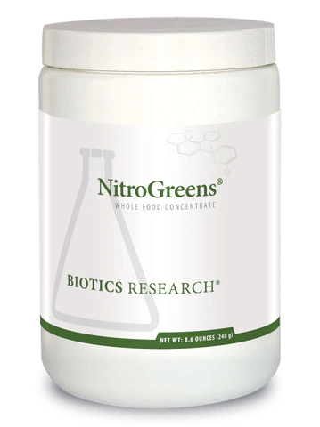 Biotics Research NitroGreens Whole Food Concentrate tub featuring white packaging with green accents, a beaker graphic, and a net weight of 8.6 ounces (240 g).