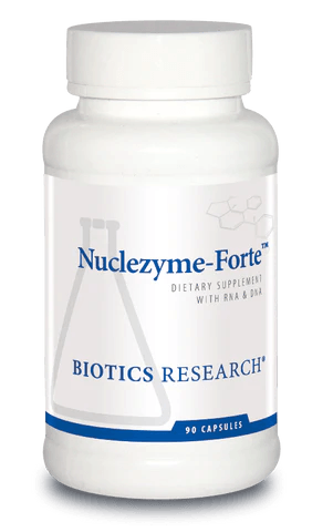 Biotics Research Nuclezyme-Forte dietary supplement bottle featuring white packaging with blue accents, a beaker graphic, RNA &amp; DNA label, and 90 capsules count