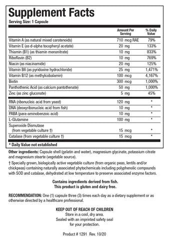 Supplement Facts label for Nuclezyme-Forte showing a serving size of 1 capsule, detailing vitamin and mineral values, RNA, DNA, PABA, L-Glutamine, Superoxide Dismutase, and Catalase.
