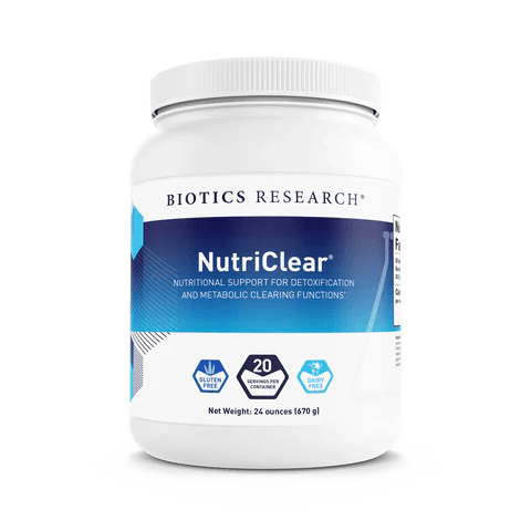 Biotics Research NutriClear dietary supplement tub in blue and white packaging, providing nutritional support for detoxification and metabolic clearing, containing 20 servings with a net weight of 24 ounces (670 g).