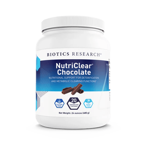 Biotics Research NutriClear Chocolate dietary supplement tub in blue and white packaging featuring chocolate curls graphics, providing nutritional support for detoxification and metabolic clearing, containing 20 servings with a net weight of 24 ounces (685 g).

File Name: