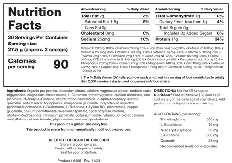 Nutrition Facts label for NutriClear Free showing 20 servings per container with a serving size of 27.5 g (approx. 2 scoops), detailing 90 calories, 17 g protein, 1 g total carbohydrate, comprehensive vitamin and mineral values, and organic pea protein ingredient list.