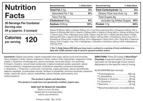 Nutrition Facts label for NutriClear showing 20 servings per container with a serving size of 33.5 g (approx. 3 scoops), detailing 110 calories, 17 g protein, 7 g total carbohydrates (6 g sugars including 5 g added sugars), comprehensive vitamins and minerals, and organic pea protein ingredient list.