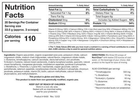 Nutrition Facts label for NutriClear showing 20 servings per container with a serving size of 33.5 g (approx. 3 scoops), detailing 110 calories, 17 g protein, 7 g total carbohydrates (6 g sugars including 5 g added sugars), comprehensive vitamins and minerals, and organic pea protein ingredient list.