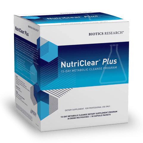 Biotics Research NutriClear Plus 15-Day Metabolic Cleanse Program box featuring white and blue geometric packaging, containing 30 drink mix pouches and 30 capsule packets.