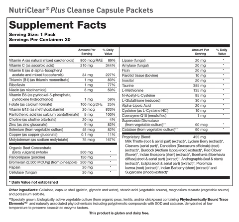 Supplement Facts label for NutriClear Plus Capsule Packets showing 30 servings per container with a serving size of 1 pack, detailing vitamins, minerals, digestive enzymes, targeted amino acids, antioxidants, and a proprietary herbal blend.