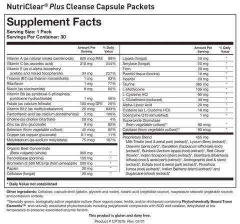 Supplement Facts label for NutriClear Plus Enclosure Capsule Packets showing serving details, comprehensive vitamin and mineral breakdown, targeted nutrient blends, and ingredient listings.