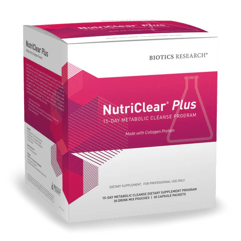 Biotics Research NutriClear Plus 15-Day Metabolic Cleanse Program box featuring white and magenta geometric packaging, labeled "Made with Collagen Protein," containing 30 drink mix pouches and 30 capsule packets.