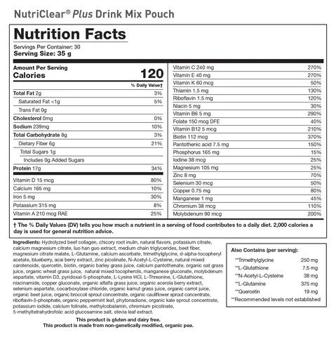 Nutrition Facts label for NutriClear Plus Drink Mix Pouch with Collagen Protein showing 30 servings per container, serving size of 35 g, 120 calories, 17 g protein, vitamins, minerals, and hydrolyzed beef collagen ingredient list.