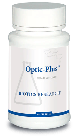Biotics Research Optic-Plus dietary supplement bottle featuring white packaging with blue accents, a beaker graphic, and 60 capsules count.