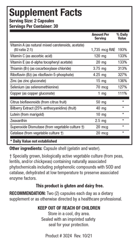 Supplement Facts label for Optic-Plus showing 30 servings per container with a serving size of 2 capsules, detailing Vitamin A, Vitamin C, Vitamin E, Thiamin, Riboflavin, Zinc, Selenium, Copper, Citrus Bioflavonoids, Bilberry Extract, Lutein, and Zeaxanthin per serving.