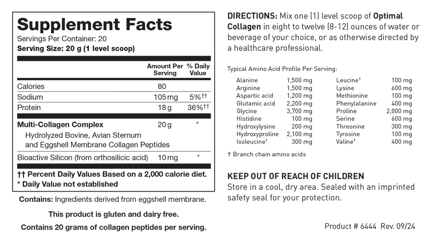 Supplement Facts label for Optimal Collagen with Bioactive Silicon showing 20 servings per container with a serving size of 20 g (1 level scoop), detailing 18 g Protein (36% Daily Value), 20 g Multi-Collagen Complex, and 10 mg Bioactive Silicon per serving.