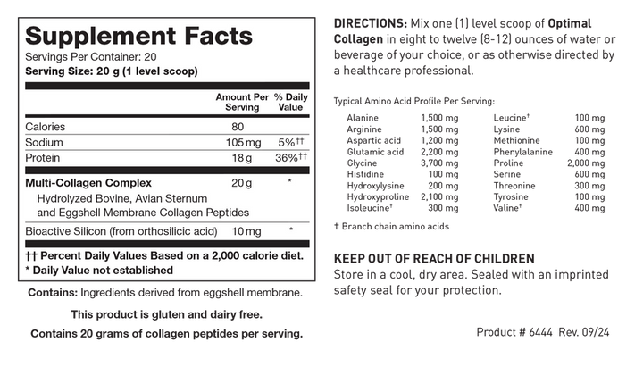 Supplement Facts label for Optimal Collagen with Bioactive Silicon showing 20 servings per container with a serving size of 20 g (1 level scoop), detailing 18 g Protein (36% Daily Value), 20 g Multi-Collagen Complex, and 10 mg Bioactive Silicon per serving.