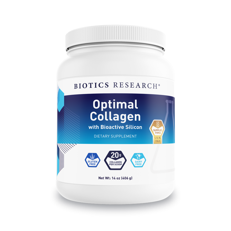 Biotics Research Optimal Collagen with Bioactive Silicon dietary supplement container featuring white packaging with blue-to-teal gradient label, gluten-free and dairy-free icons, 20 g collagen per scoop, and a net weight of 14 oz (406 g).
