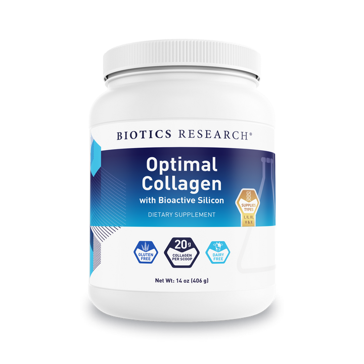 Biotics Research Optimal Collagen with Bioactive Silicon dietary supplement container featuring white packaging with blue-to-teal gradient label, gluten-free and dairy-free icons, 20 g collagen per scoop, and a net weight of 14 oz (406 g).