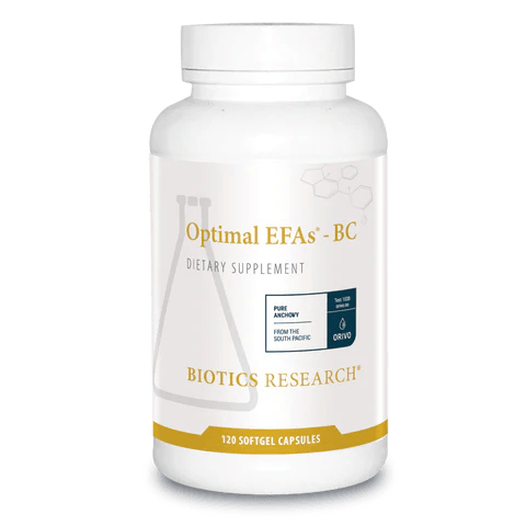 Biotics Research Optimal EFAs - BC dietary supplement bottle featuring white packaging with gold accents, pure anchovy certification, and 120 softgel capsules count.