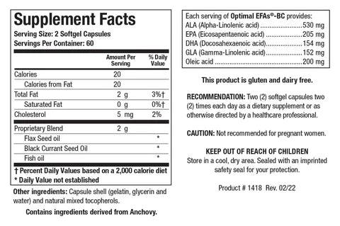 Supplement Facts label for Optimal EFAs - BC showing 60 servings per container with a serving size of 2 softgel capsules, detailing essential fatty acids ALA, EPA, DHA, GLA, and Oleic acid from Flax Seed, Black Currant Seed, and Fish oils.
