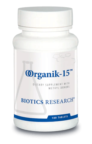 Biotics Research Organik-15 dietary supplement bottle featuring white packaging with blue accents, a beaker graphic, methyl donors label, and 180 tablets count.