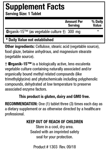 Supplement Facts label for Organik-15 showing a serving size of 1 tablet, detailing 300 mg of Organik-15 as vegetable culture per serving.
