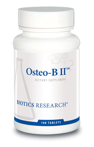 Biotics Research Osteo-B II dietary supplement bottle featuring white packaging with blue accents, a beaker graphic, and 180 tablets count.