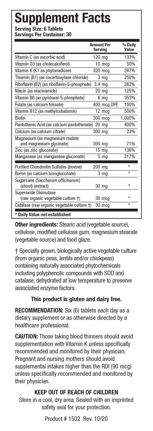 Supplement Facts label for Osteo-B II showing 30 servings per container with a serving size of 6 tablets, detailing essential vitamins, minerals including Calcium and Magnesium, Purified Chondroitin Sulfates, Boron, Sugarcane Extract, SOD, and Catalase per serving.