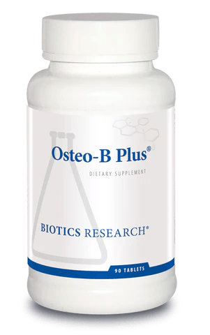 Biotics Research Osteo-B Plus dietary supplement bottle featuring white packaging with blue accents, a beaker graphic, and 90 tablets count.