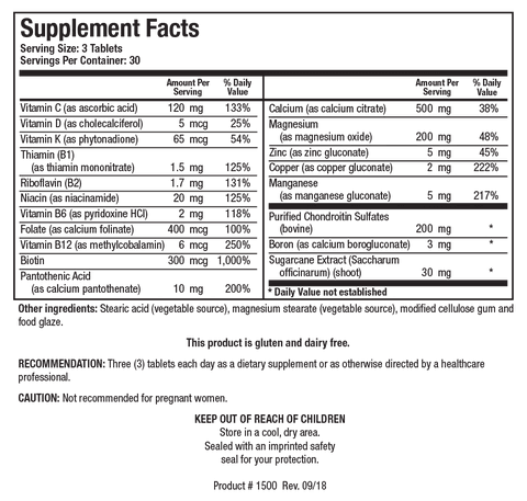Supplement Facts label for Osteo-B Plus showing 30 servings per container with a serving size of 3 tablets, detailing essential vitamins, minerals including Calcium and Magnesium, Purified Chondroitin Sulfates, Boron, and Sugarcane Extract per serving.