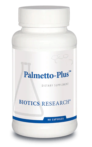 Biotics Research Palmetto-Plus dietary supplement bottle featuring white packaging with blue accents, a beaker graphic, and 90 capsules count