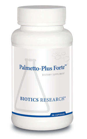 Biotics Research Palmetto-Plus Forte dietary supplement bottle featuring white packaging with blue accents, a beaker graphic, and 90 capsules count.